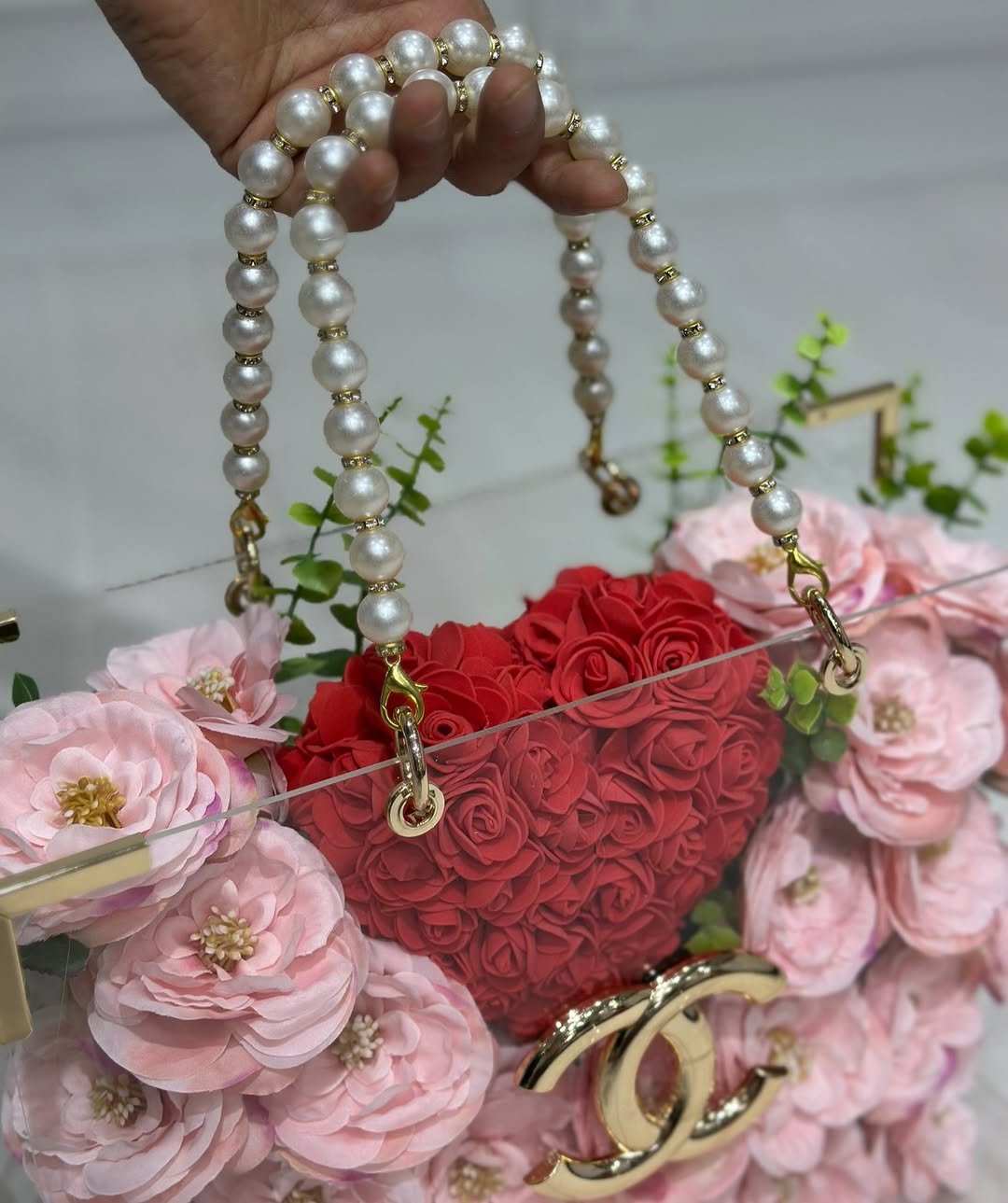 Pink Garden Roses & Red Rose Heart Acrylic Bag