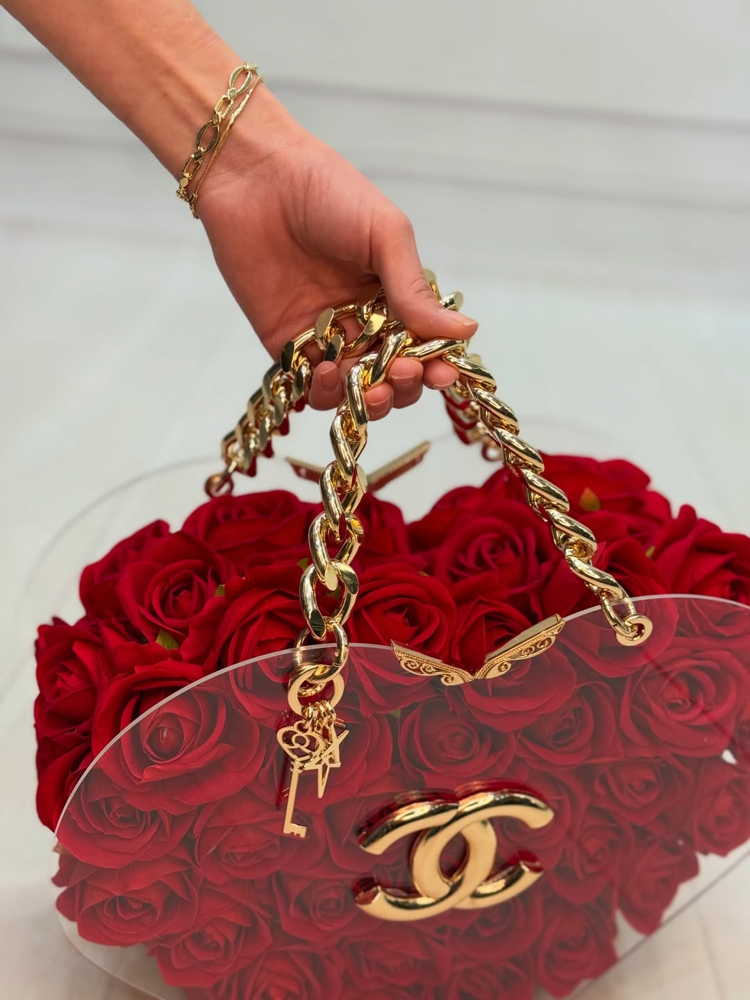 Red Roses Chanel-Inspired Heart Acrylic Bag