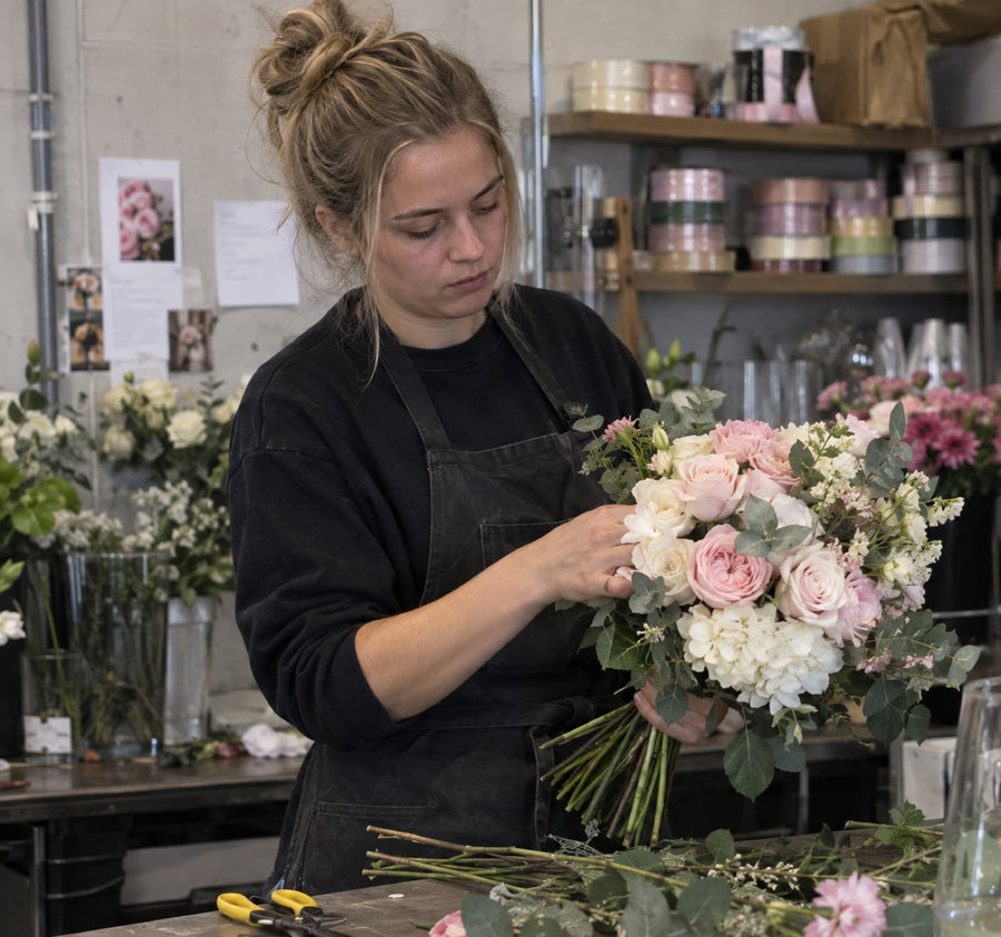 Olivia Davis tying a bouquet of garden roses, hydrangea and eucalyptus at the Flowerbar Florist studio in Los Angeles